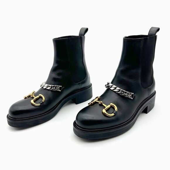 GUCCI Flores Horsebit Chain Black Leather Boot Size 38 Bootie Round Toe Baby - Picture 14 of 14